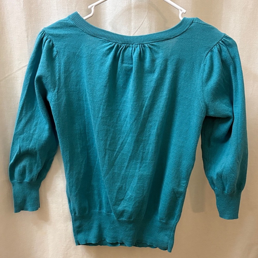 Lucky Brand Teal Button-Up Cardigan with White Floral Design - Picture 3 of 3